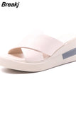 Summer Women Wedge Heeled Pu Leather Sandals Cross Strap Korean Style Casual Shoes Ladies Open Toe Solid Buckle