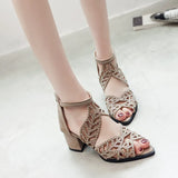 Spring And Summer Korean Version Of The Heel Fish Mouth Hollow Sandals Women Zipper Thick Heel Rhinestone Women's Shoes Plus