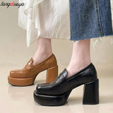 Mary Janes Shoes Women 9cm Thick High Heels 2024 Leather Platform Square Toe Pumps Ladies Solid Elegant party