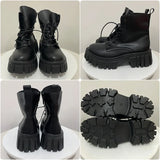 Chunky Platform Ankle Boots Women Pu Leather Square Heels Combat Booties Woman Black White Lace Up Short Boots
