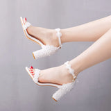Breakj Cm Thick Heel Shallow Mouth With Beaded Square Sandals White Lace Wedding Shoes Coarse Heel