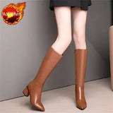 for Woman Long Winter Knee High Shaft Footwear Leather Women's Boots Fur Brown Pointed Toe Chic and Elegant Fashion