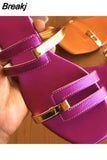 Women Square Toe Gold Pu Flats Outdoor Slippers Casual Ladies Summer Shoes Mature Open Toe Design Slides Slingback