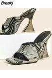 Printing Summer High Heels 2023 New Fashion Square Head Crystal High Heel Slippers Women's Sandals Outdoor