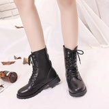 Women's Shoes Mid Calf Boots Block Heels Ladies PU Leather Lace Up Cool Motorcycle Boots Comfortable Female Autumn Footwear