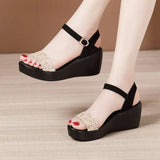 Heel Sandals Women's 2023 Summer New Muffin Thick Bottom Waterproof Table With One-Word Buckle Sequins And Large-Size