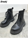 with Laces Women's Ankle Boots Combat Biker Short Shoes for Woman Lace-up Booties Platform Punk Style Chunky Boot Pu