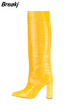 Women's Knee High Boots Tall Canister Sexy Women Boots Pointed Toe Chunky Heel Crocodile Print Women Boots High-heeled