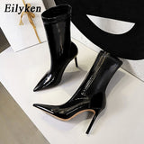 2023 New Winter Ankle Boots Women Fashion High Quality Smooth Patent Leather Pointed Toe Party Ladies Pumps