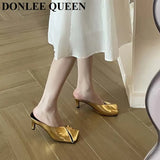 New Arrival Gold Outer Wear Slippers Women Fashion Slip On Square Toe Stiletto Mules Comfortable Heel Slide For Party