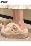 Winter Women Platform High Heel Fluffy Slipper Casual Fashion Metal Buckle Wedge Artificial Plush Inside Soft Slides