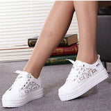 Sneakers Lace Up Fashion Summer Casual White Shoes Cutouts Lace Canvas Hollow Breathable Platform Flats Zapatos