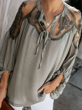 Casual Loose Blouse Fashion Solid Lantern Sleeve Ladies Commuter Shirt Summer Sexy Perspective Lace Stitching Chiffon Shirt