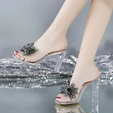 Breakj Drill Bow One-Word Slippers Women Summer Sexy Crystal And High-Heeched Cool Slippers Transparent