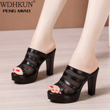 Plus Size 32-43 Block Heel Platform Shoes Women Slippers Summer 2021 Open Head High Heels Slides Ladies Cutout