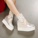 Women Crochet Lace Zipper Design Wedge Sandals High Heel Casual Ethnic Open Toe Platform Height Increasing Chunky Ladies
