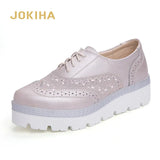 Spring Genuine Leather Brogue Shoes Women Silver Flat Platform Height Increasing 7cm Loafers Shoes For Women Big