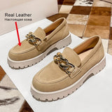 Size 34-42 Casual Loafers For Women Real Leather Flats Platform Shoes Fashion Chain Chunky Heel Ladies Retro