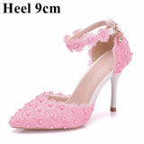 Queen Women Lace High Heels Banquet Wedding Shoes Bridal Sandals Pointed Sweet Wild Single Pumps Large