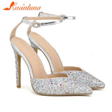 Brand 2023 Thin High Heel Ankle Strap Pumps Shoes Pointed Toe Metallic Feel Design Sexy Style Spring Summer Lady Women