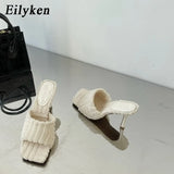 2022 New Summer Design Corduroy Square Toe Heels High Quality Slippers Gladiator Beach Womens Sandal Slides