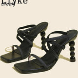 Summer Fashion Stretch Fabric Narrow Band Square Toe Strange High Heels White Sandals Women Slip-on Back Strap Shoes