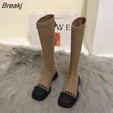 Winter New Mix Color Women Long Boot Fashion Flats Heels Square Toe Knee High Boot Back Zipper Riding