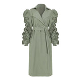 Patchwork Ruffle Ruched Casual Windbreaker For Women Lapel Long Sleeve High Waist Sashes Black Trench Female
