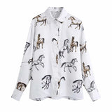 Horse Print Turndown Collar Satin Shirt Female Long Sleeve Blouse Casual Lady Loose Tops Blusas