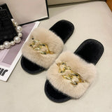 Chain Design Women Home Slippers Solid Color Open Toe Indoor Winter Flat Non-slip Leisure Interior Female Shoes