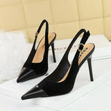 Breakj High Heels Women's Shoes Shallow Mouth West Velvet And Thick Suede Stitching Tip Back Empty Hollow Back Trip Strip Single
