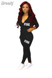 Fall PINK Letter Print Tracksuits Women Zip Hooded Long Sleeve Coat And Pants Two Piece Set Female Casual Sport
