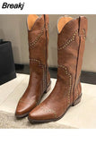 Boots Pointed Toe Mid Calf Boots Autumn Winter 2023 Vintage Style Embroidery Boots Thick Heels Comfy Walking Lady