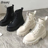 Autumn Winter Women's Shoes Thick Sole Lace-up Side Zippers Boots Leather High Heel Chunky Short Boot for