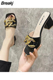 Fashion Metal Chain Summer Mules for Women Square Head Slip on Flip Flops Slides Slipper Women's Sandal Flat Shoes