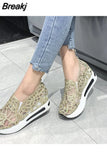 Wedge Shoes Sequin Mesh Breathable Shoes Women Gold Silver Platform Sneakers Women Height Increasing Thick Shoes