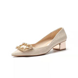 Heels Shoes Women Spring New Korean Version Pearl Rhinestones Pointed Toe Women's Shoes Chunky Heels Pumps Zapatillas