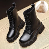 Winter Snow Boots Women Black White Fur Boots Leather Ankle Booties Fashion Fall Shoes Platform Chunky Boots