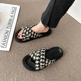 New Summer Women Outside Plaid Cross Slipper Casual Holiday Open Toe Flat with Non-slip Slide