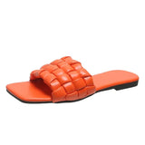 Weave Soft Slippers for Women Summer 2023 Orange PU Leather Beach Flip Flops Female Square Toe Flat Sandals Plus Size