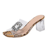 Snake Pattern Square Toe Transparent Slippers Summer New Women Shoes Casual Brief Fashion Rhinestones Women