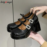Crystal Buckle Women High Heels Mary Jane Shoes Chunky Sandals Spring New Women black Sexy Elegant Party dress