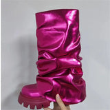 Women's Mid Calf Boots Thick Bottom Round Toe Runway Style Pleated Boots Women Platform Boots Gold Silver Large Size Shoes