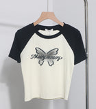 Retro Printed Short-Sleeved T-Shirt Women's Short-Coln High-Waisted Body Shirt