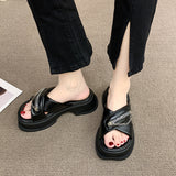 Soled Slippers for Women Summer Chain Denim Chunky Heel Fashion Cross Slides Open Toe Outdoor Beach Woman Walking
