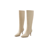 Women Genuine Leather Boots Thin High Heel Ladies Shoes Pointed Toe Knee High Boots 2021 Autumn Winter Black