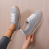 Women Sneakers Woven Gold Sequins Single Shoes Round Head Lace-Up Retro Platform Flats Shoes Light Cozy Walking Vulcanized