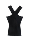 Women Fashion Solid Cropped Knitted Tops Female Casual Cross V-Neck Out Shoulder Chic