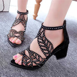 Women Summer Hollow Out Zipper Open Toe Thick Heel Sandals Casual Gladiator Shoes Platform Diamond