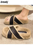 Winter Women Platform Fluffy Slipper Casual Fashion Cross Artificial Plush Inside Thick Sole Slides
